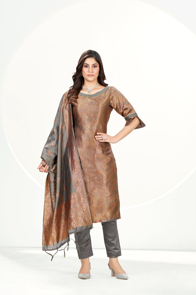 Readymade Banarasi Art Silk Rosy Brown Salwar Suit With Dupatta