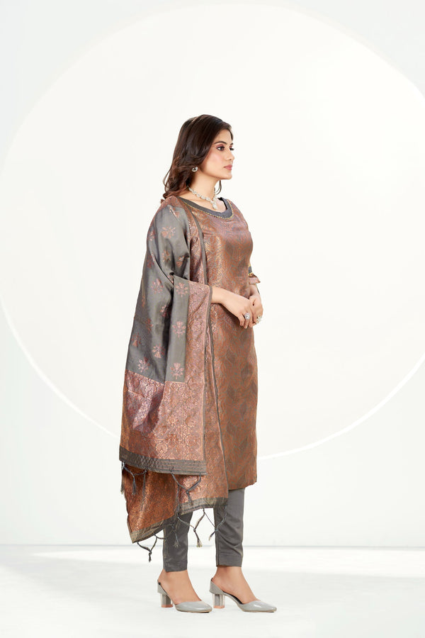 Readymade Banarasi Art Silk Rosy Brown Salwar Suit With Dupatta