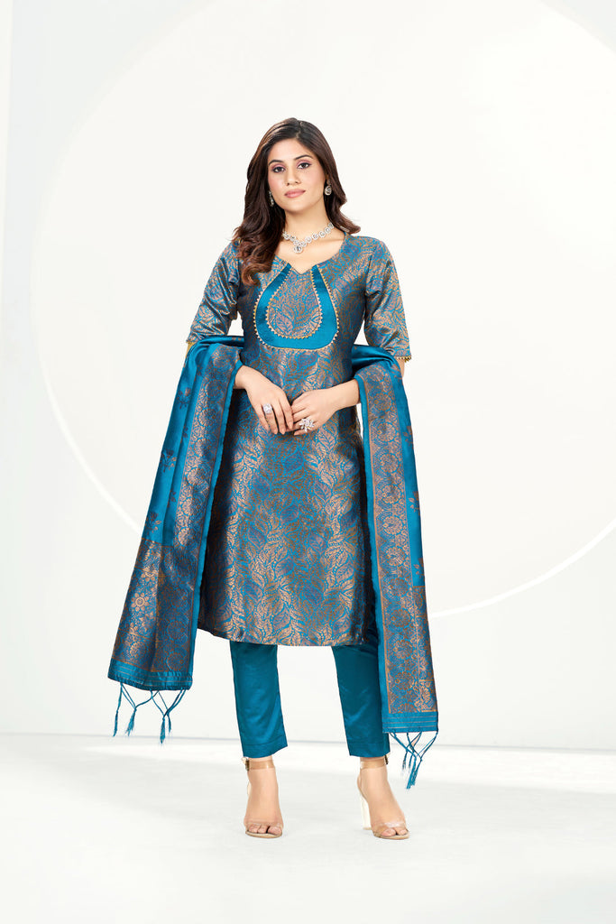 Readymade Banarasi Art Silk Metallic Blue Salwar Suit With Dupatta