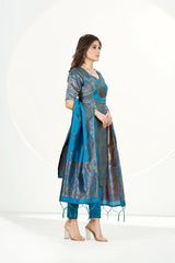 Readymade Banarasi Art Silk Metallic Blue Salwar Suit With Dupatta