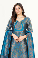 Readymade Banarasi Art Silk Metallic Blue Salwar Suit With Dupatta