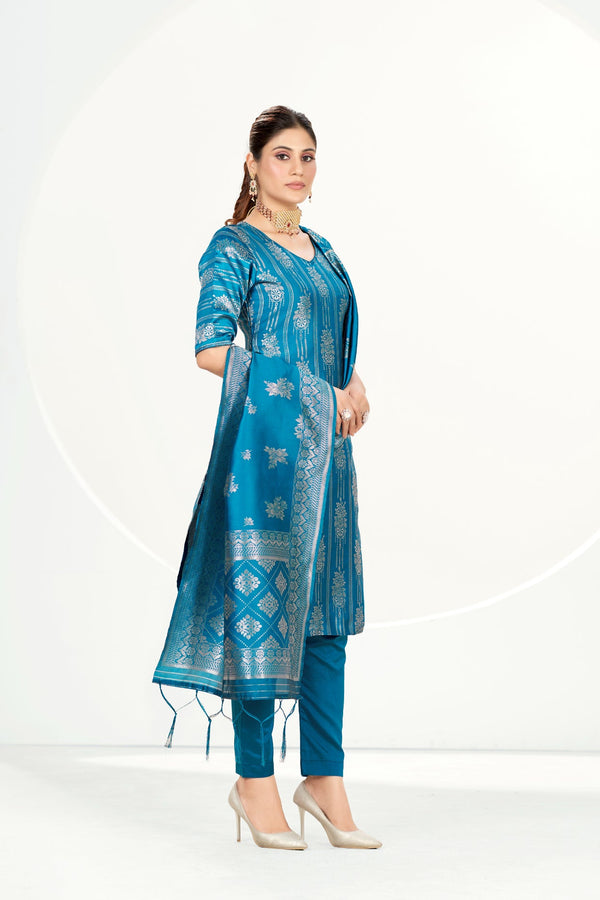 Readymade Banarasi Art Silk Deep Sea Blue Salwar Suit With Dupatta