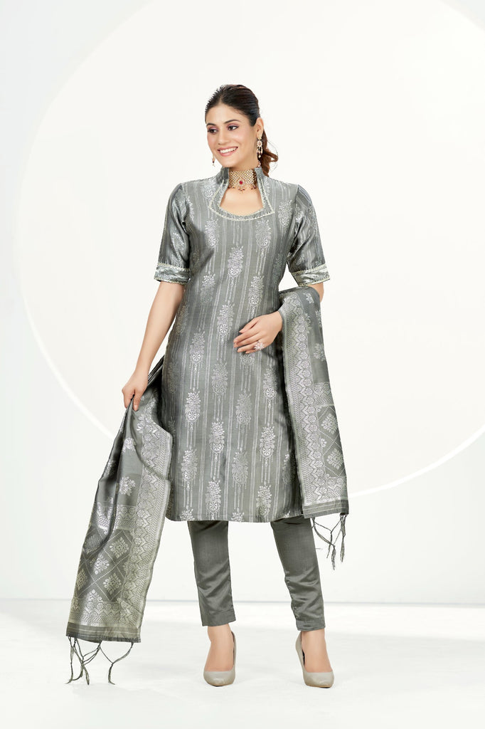 Readymade Banarasi Art Silk Grey Salwar Suit With Dupatta