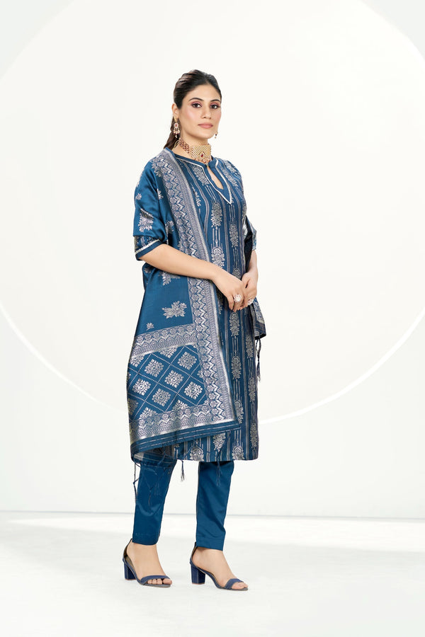 Readymade Banarasi Art Silk Dusk Blue Salwar Suit With Dupatta