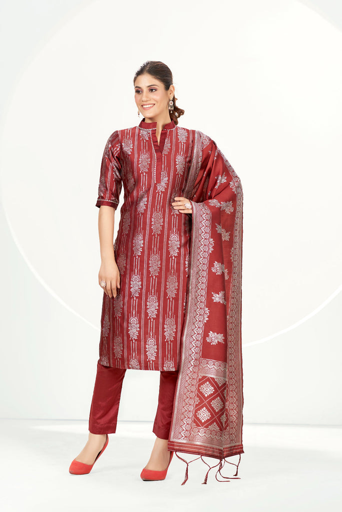 Readymade Banarasi Art Silk Red Salwar Suit With Dupatta