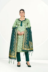 Readymade Banarasi Art Silk Green Mist Salwar Suit With Dupatta