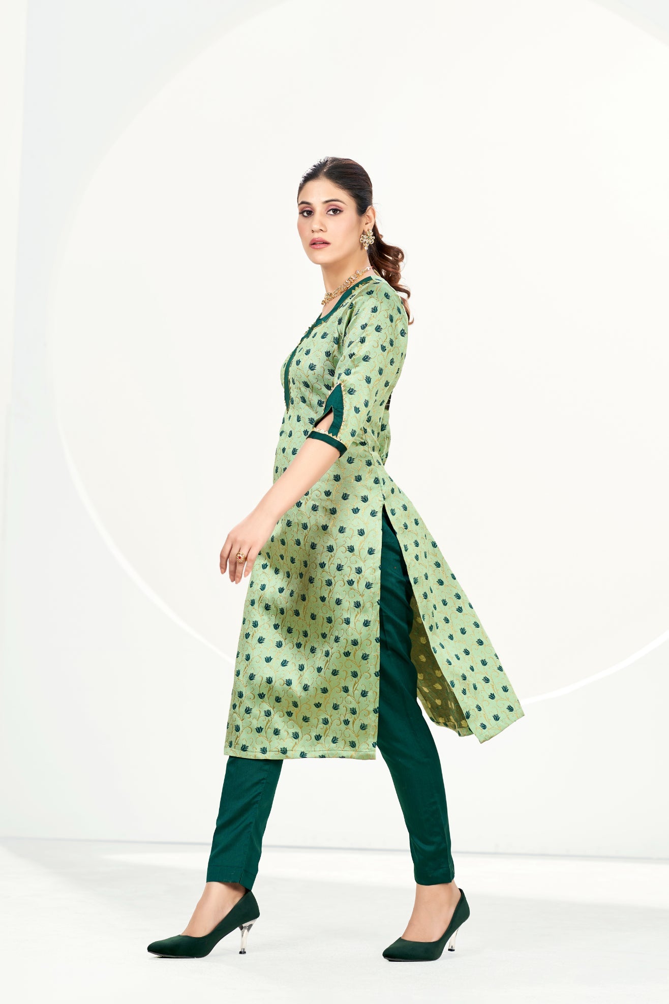 Readymade Banarasi Art Silk Green Mist Salwar Suit With Dupatta