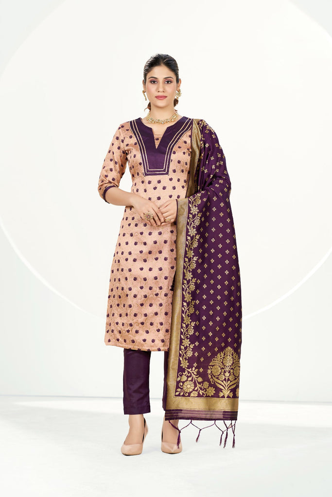 Readymade Banarasi Art Silk Light Peach Salwar Suit With Dupatta