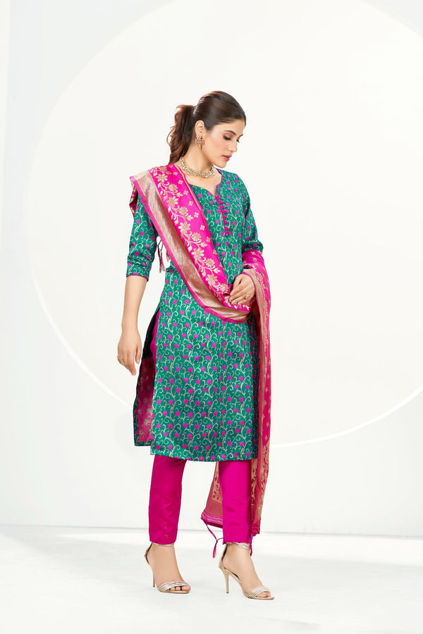 Readymade Banarasi Art Silk Green Teal Salwar Suit With Dupatta