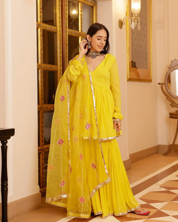 Readymade Georgette Yellow Angrakha Kurti Sharara With Dupatta