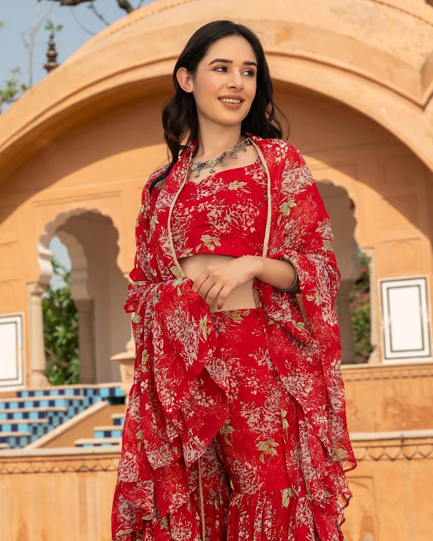 Readymade Georgette Venetian Red Crop Top Kurti Sharara Without Dupatta