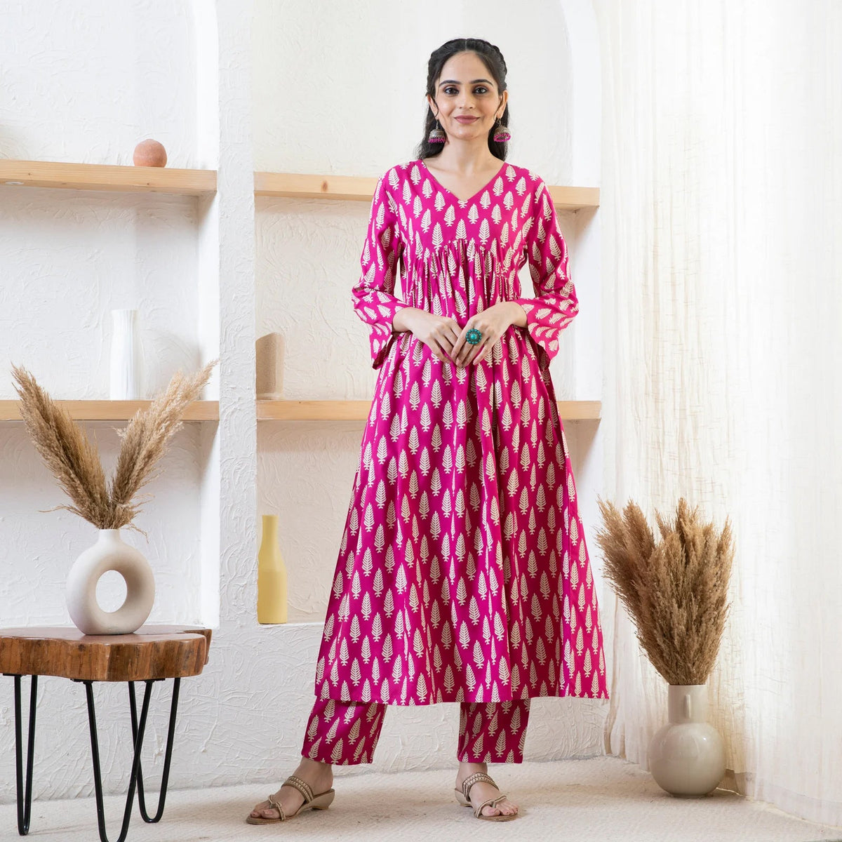 Readymade Rayon Pink A-Line Kurti Pant Without Dupatta