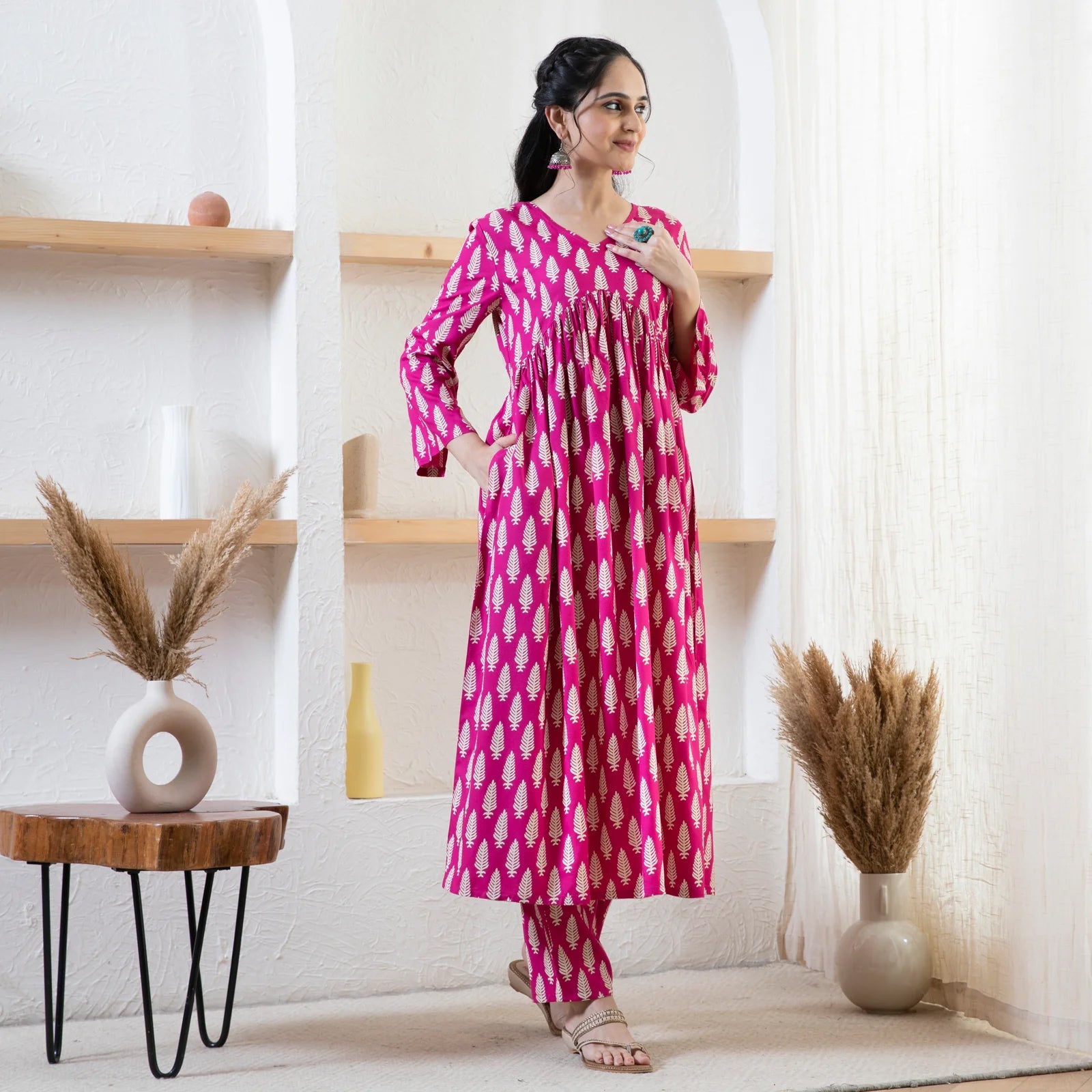 Readymade Rayon Pink A-Line Kurti Pant Without Dupatta