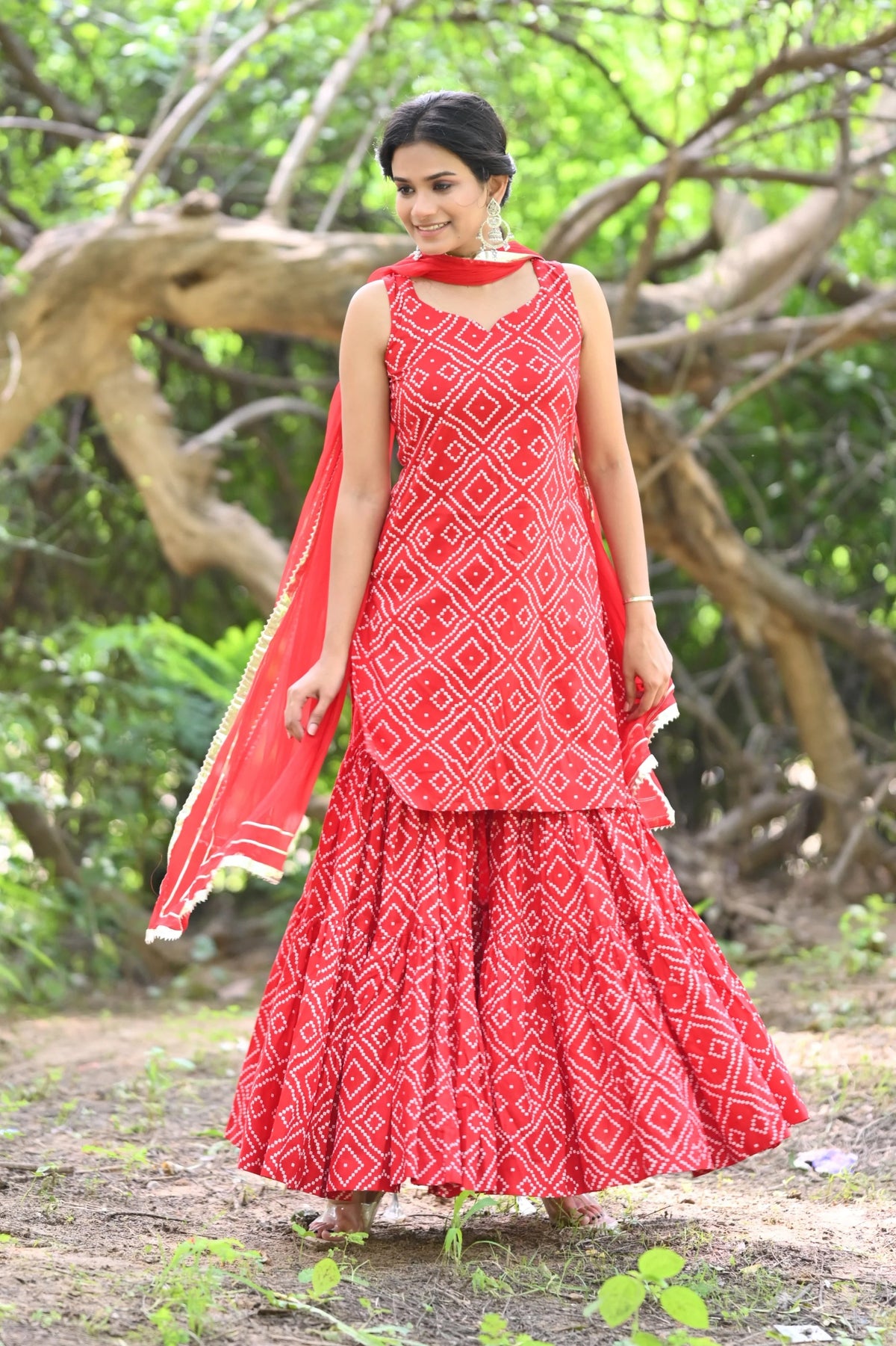 Readymade Rayon Coral Red Staight Kurti Sharara With Dupatta