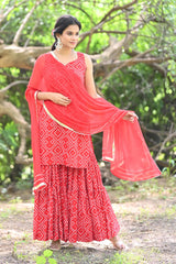 Readymade Rayon Coral Red Staight Kurti Sharara With Dupatta