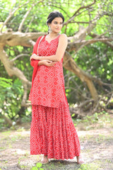 Readymade Rayon Coral Red Staight Kurti Sharara With Dupatta