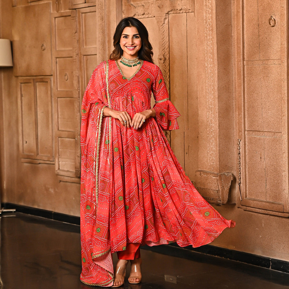 Readymade Georgette Pinkish Red Anarkali Kurti Pant With Dupatta