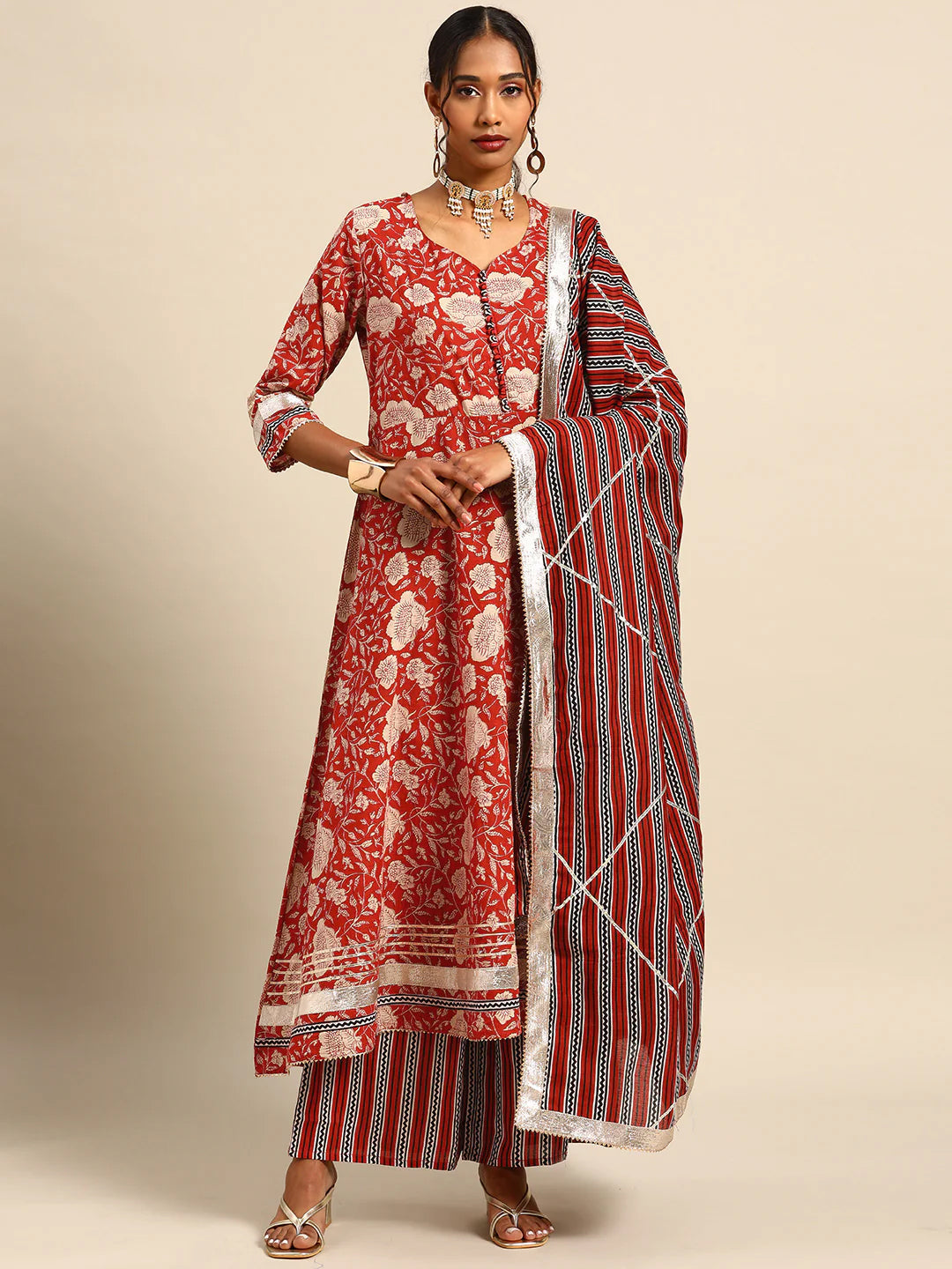 Readymade Rayon Persian Red A-Line Kurti Palazzo With Dupatta