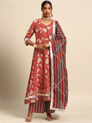 Readymade Rayon Persian Red A-Line Kurti Palazzo With Dupatta