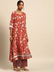 Readymade Rayon Persian Red A-Line Kurti Palazzo With Dupatta