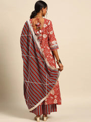 Readymade Rayon Persian Red A-Line Kurti Palazzo With Dupatta