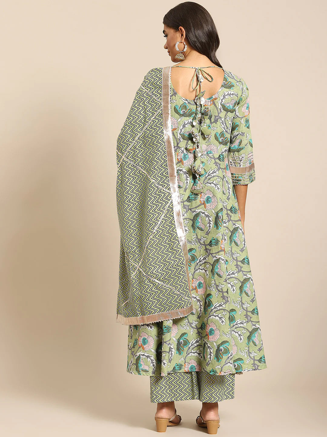 Readymade Rayon Olive A-Line Kurti Palazzo With Dupatta