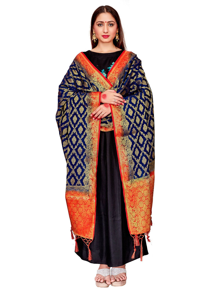 Women's Dark Blue Color Dupatta For Indian wear Scarf Shawl Wrap|Banarasi Art Silk Woven Only Dupatta