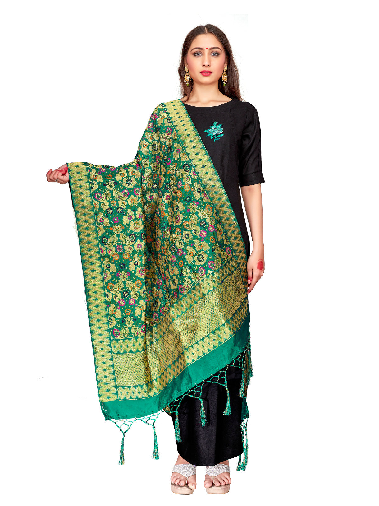 Turquoise Green Banarasi Art Silk Woven Dupatta