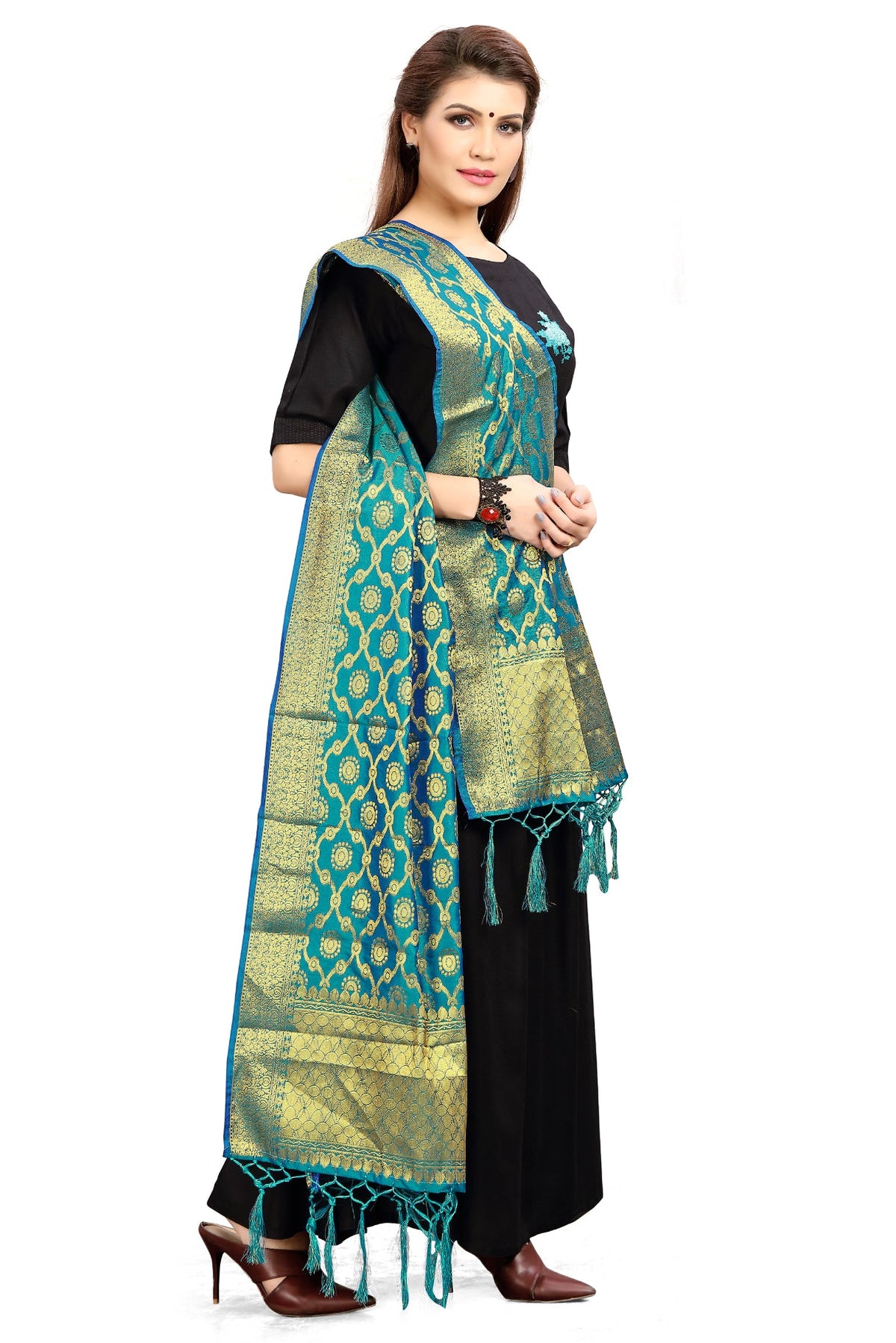 Teal Banarasi Art Silk Woven Dupatta