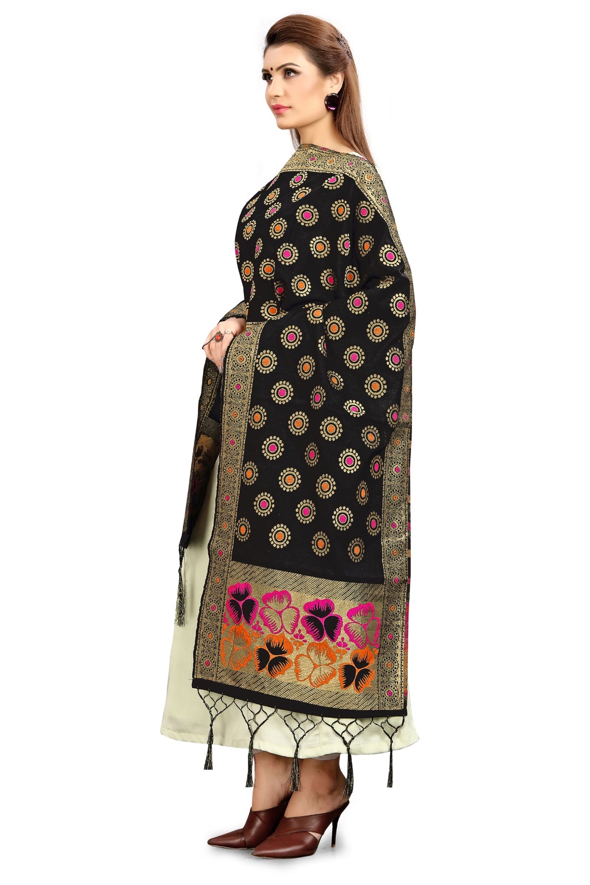 Dupatta tissé en soie d'art Banarasi noire