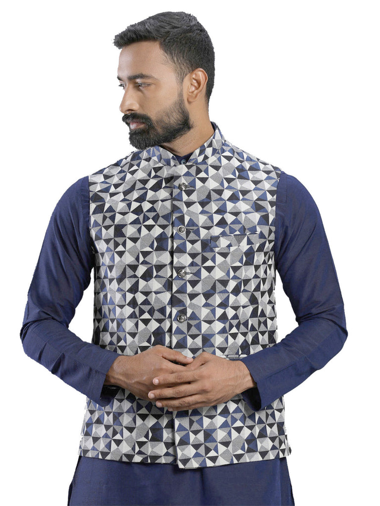Men's Navy Blue Color Indian Nehru Jacket||Satin Jodhpuri Mandarin Collar Sleeveless Geometric Print Waistcoat