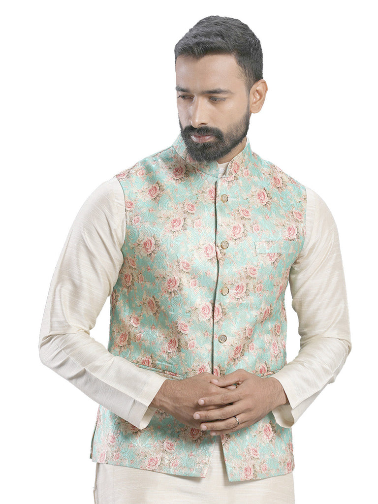Men's Green Color Indian Nehru Jacket||Satin Jodhpuri Mandarin Collar Sleeveless Floral Print Waistcoat