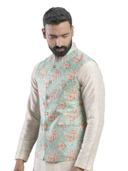 Men's Green Color Indian Nehru Jacket||Satin Jodhpuri Mandarin Collar Sleeveless Floral Print Waistcoat