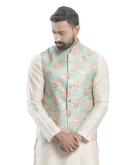 Men's Green Color Indian Nehru Jacket||Satin Jodhpuri Mandarin Collar Sleeveless Floral Print Waistcoat