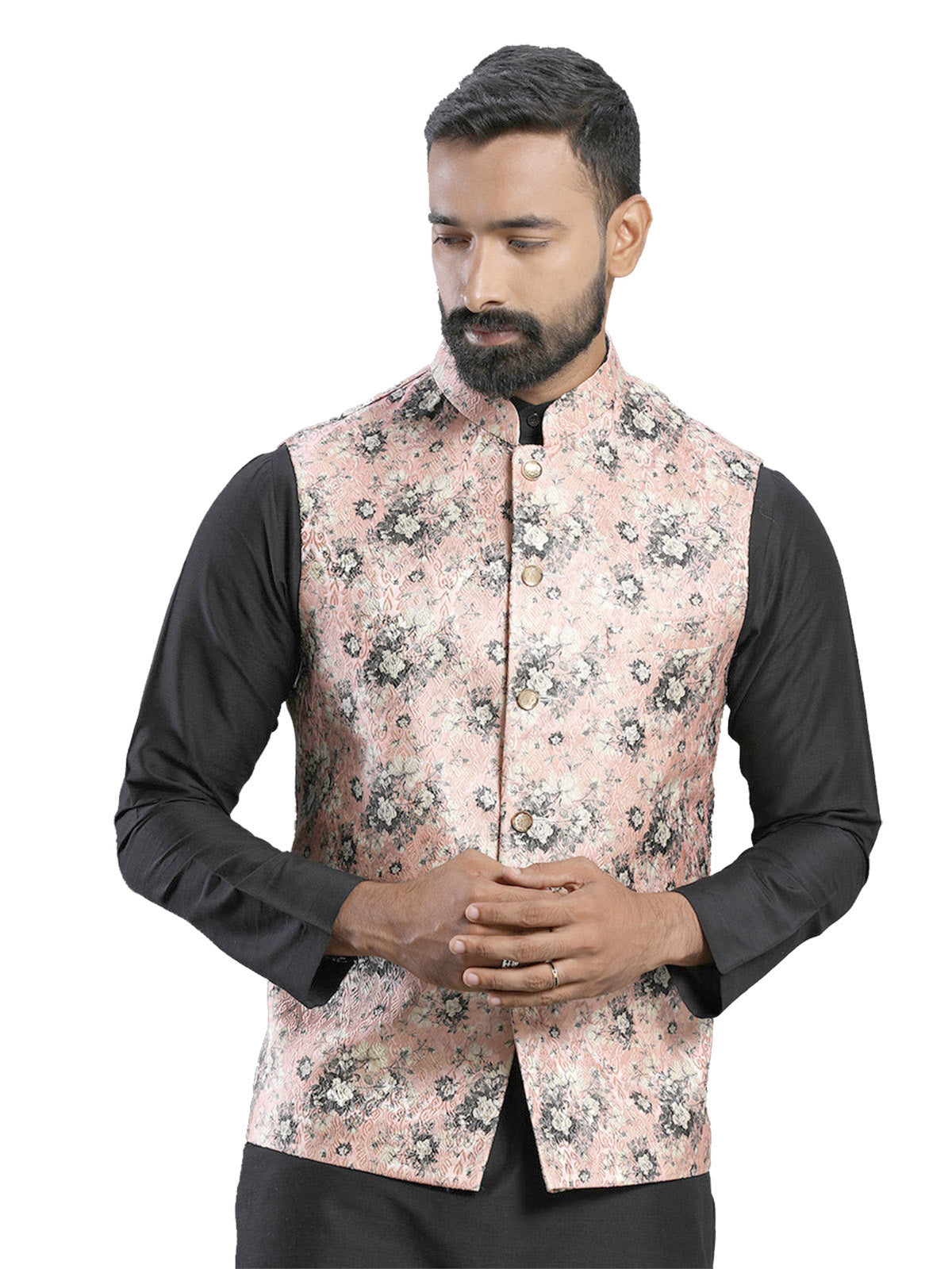 Men's Pink Color Indian Nehru Jacket||Satin Jodhpuri Mandarin Collar Sleeveless Floral Print Waistcoat