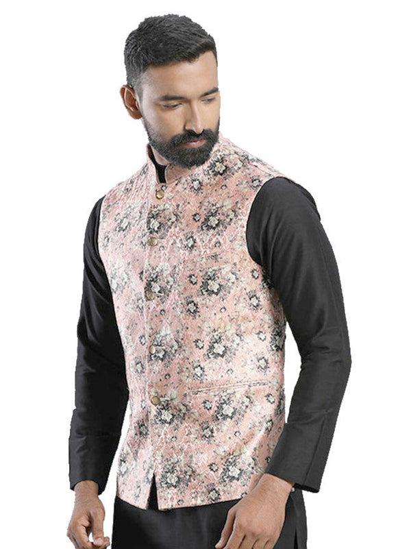 Men's Pink Color Indian Nehru Jacket||Satin Jodhpuri Mandarin Collar Sleeveless Floral Print Waistcoat