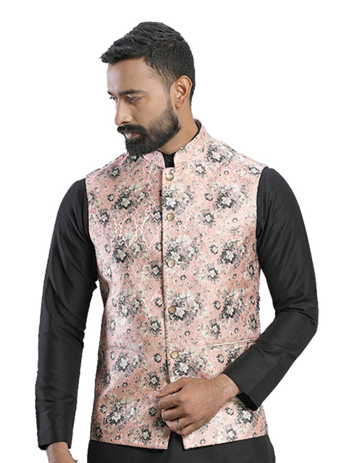 Men's Pink Color Indian Nehru Jacket||Satin Jodhpuri Mandarin Collar Sleeveless Floral Print Waistcoat