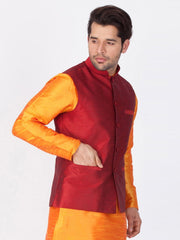 Men's Red Color Indian Nehru Jacket||Banglori Silk Jodhpuri Mandarin Collar Sleeveless Solid Waistcoat