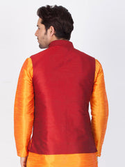 Men's Red Color Indian Nehru Jacket||Banglori Silk Jodhpuri Mandarin Collar Sleeveless Solid Waistcoat