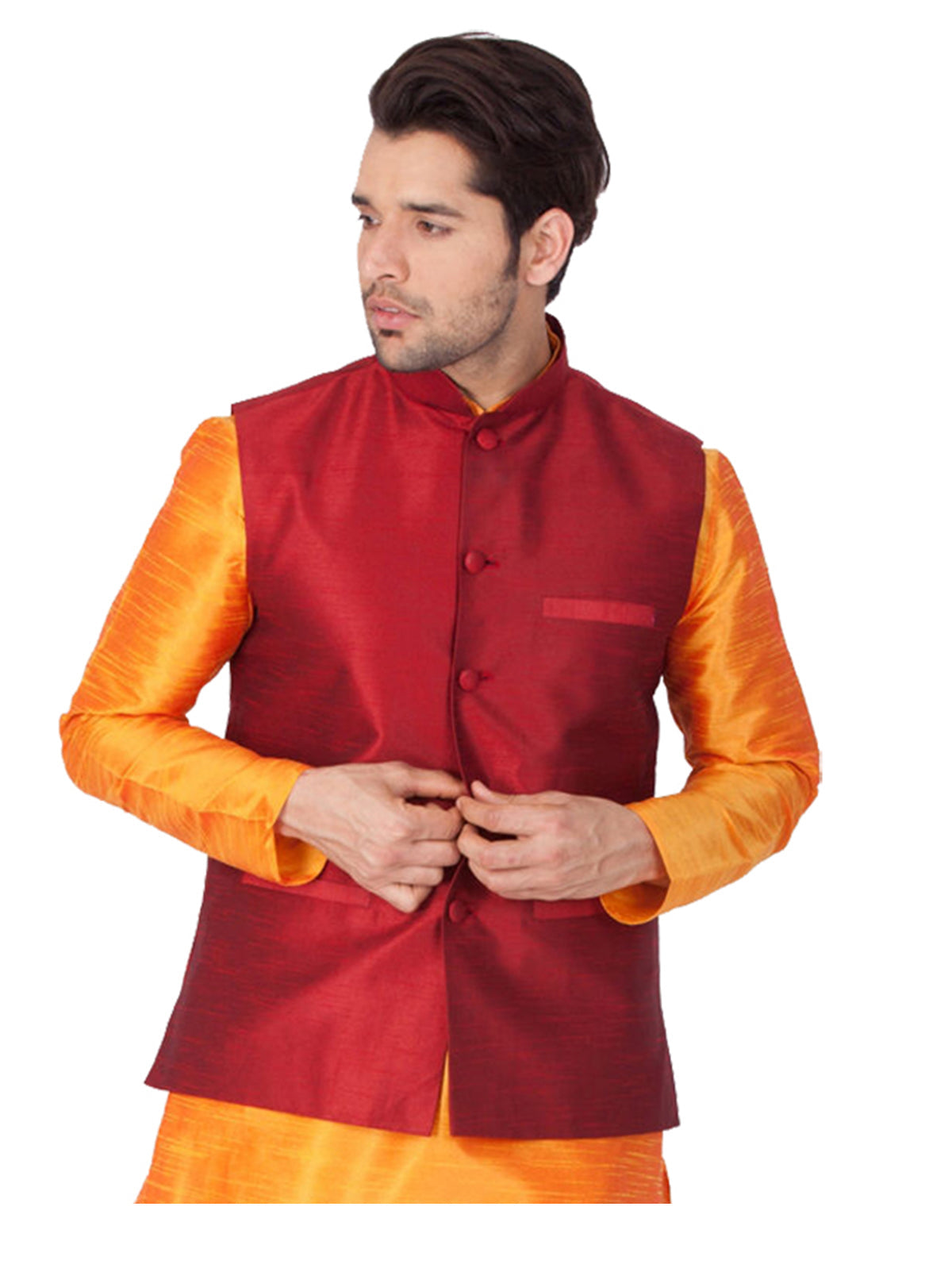 Men's Red Color Indian Nehru Jacket||Banglori Silk Jodhpuri Mandarin Collar Sleeveless Solid Waistcoat