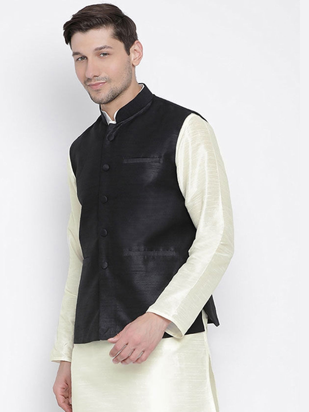 Men's Black Color Indian Nehru Jacket||Banglori Silk Jodhpuri Mandarin Collar Sleeveless Solid Waistcoat