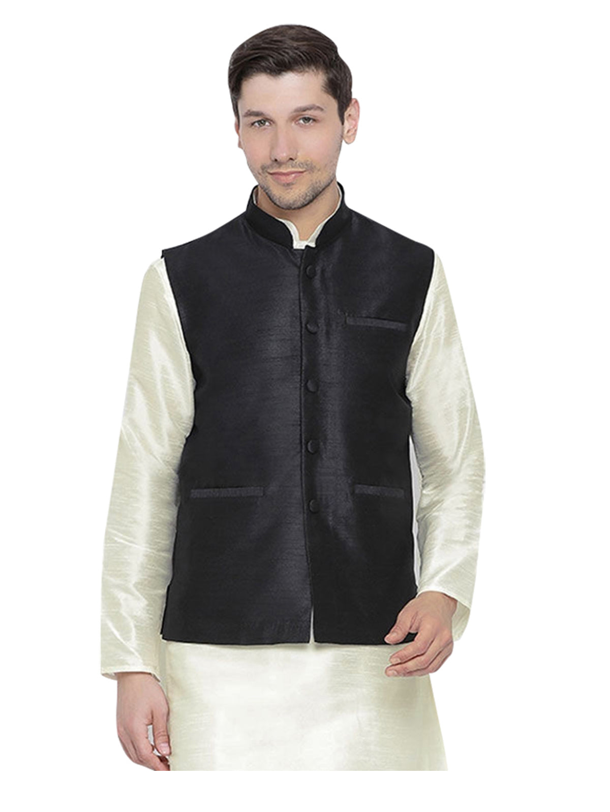 Men's Black Color Indian Nehru Jacket||Banglori Silk Jodhpuri Mandarin Collar Sleeveless Solid Waistcoat