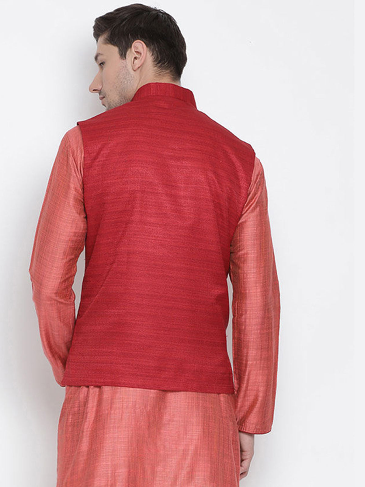 Men's Red Color Indian Nehru Jacket||Banglori Silk Jodhpuri Mandarin Collar Sleeveless Solid Waistcoat