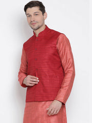 Men's Red Color Indian Nehru Jacket||Banglori Silk Jodhpuri Mandarin Collar Sleeveless Solid Waistcoat