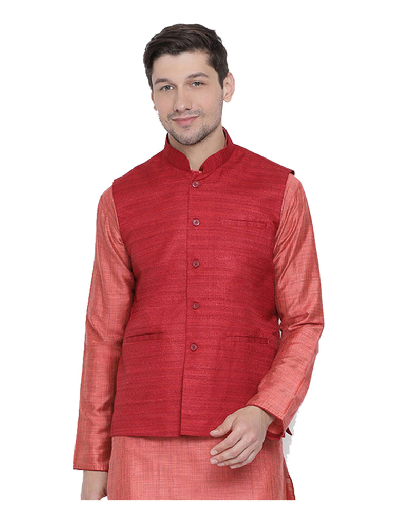 Men's Red Color Indian Nehru Jacket||Banglori Silk Jodhpuri Mandarin Collar Sleeveless Solid Waistcoat