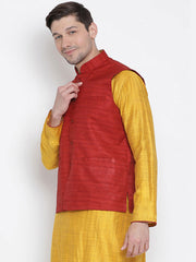 Men's Red Color Indian Nehru Jacket||Banglori Silk Jodhpuri Mandarin Collar Sleeveless Solid Waistcoat