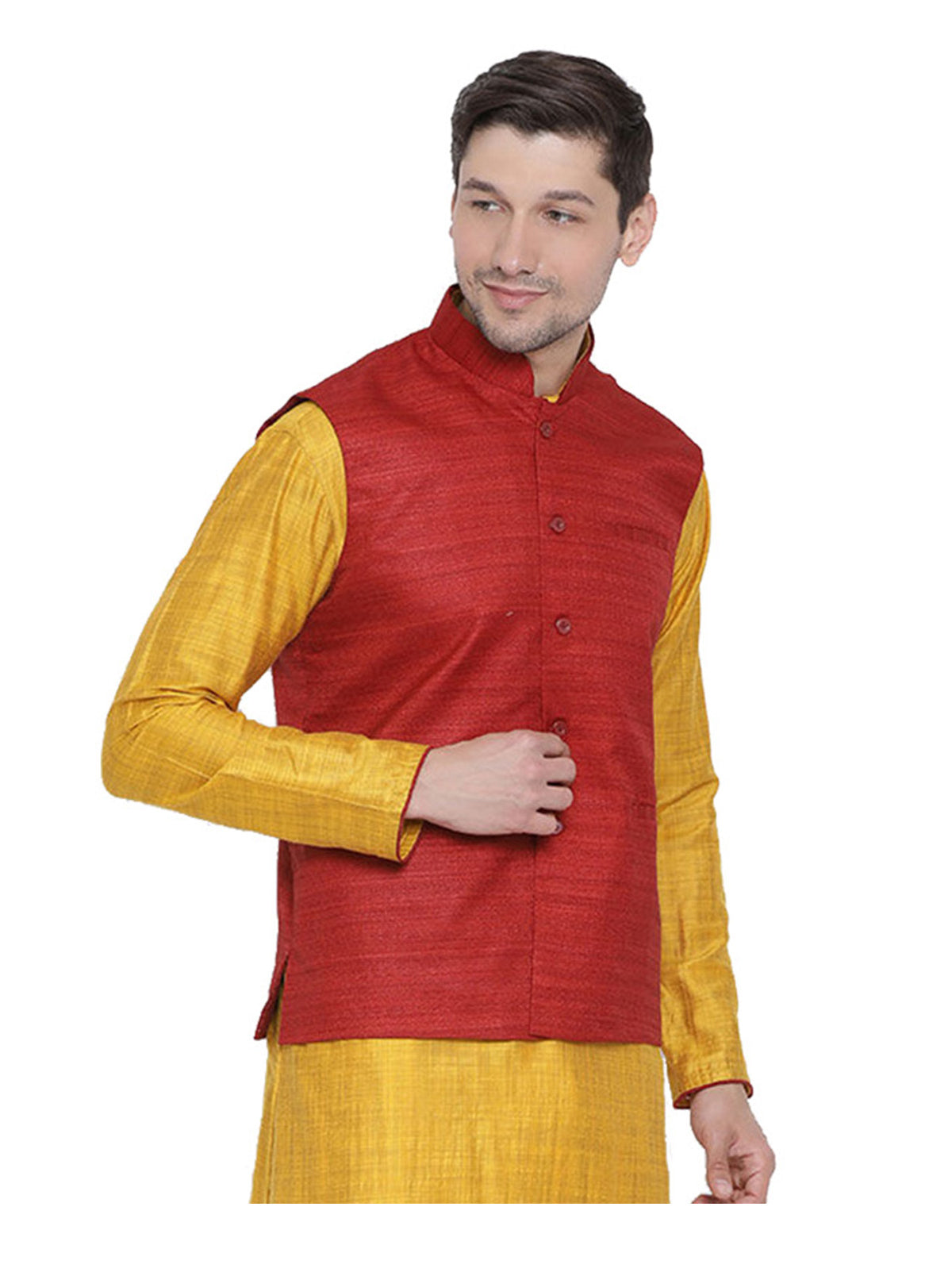 Men's Red Color Indian Nehru Jacket||Banglori Silk Jodhpuri Mandarin Collar Sleeveless Solid Waistcoat