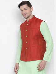 Men's Red Color Indian Nehru Jacket||Banglori Silk Jodhpuri Mandarin Collar Sleeveless Solid Waistcoat