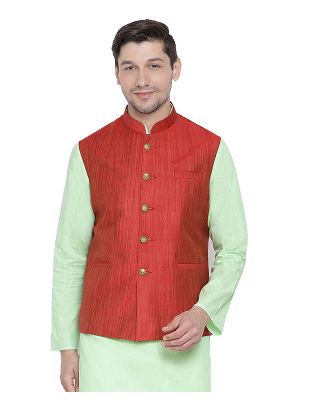 Men's Red  Nehru Jacket Banglori Silk Jodhpuri Mandarin Collar Sleeveless Solid Waistcoat