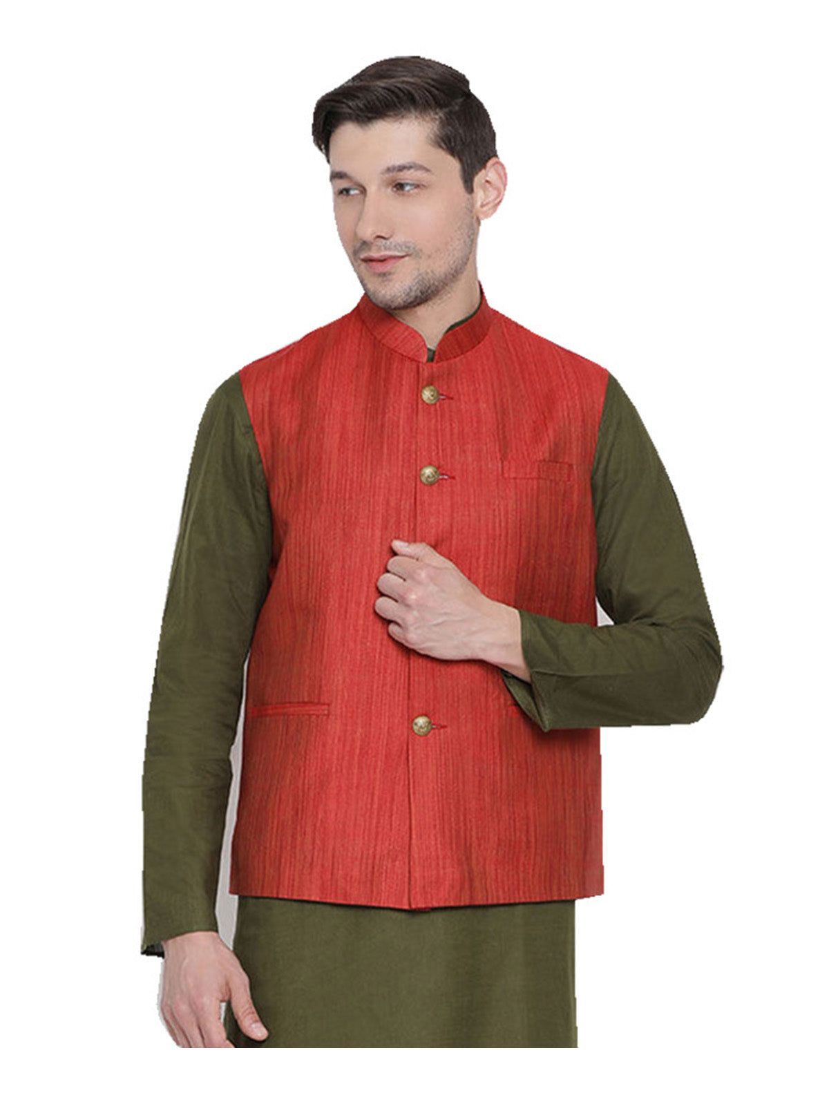 Men's Red  Nehru Jacket Banglori Silk Jodhpuri Mandarin Collar Sleeveless Solid Waistcoat